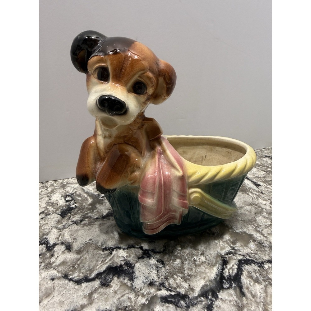 Vintage Dog In A Basket Royal Copley Puppy Ceramic Planter 1950s MCM